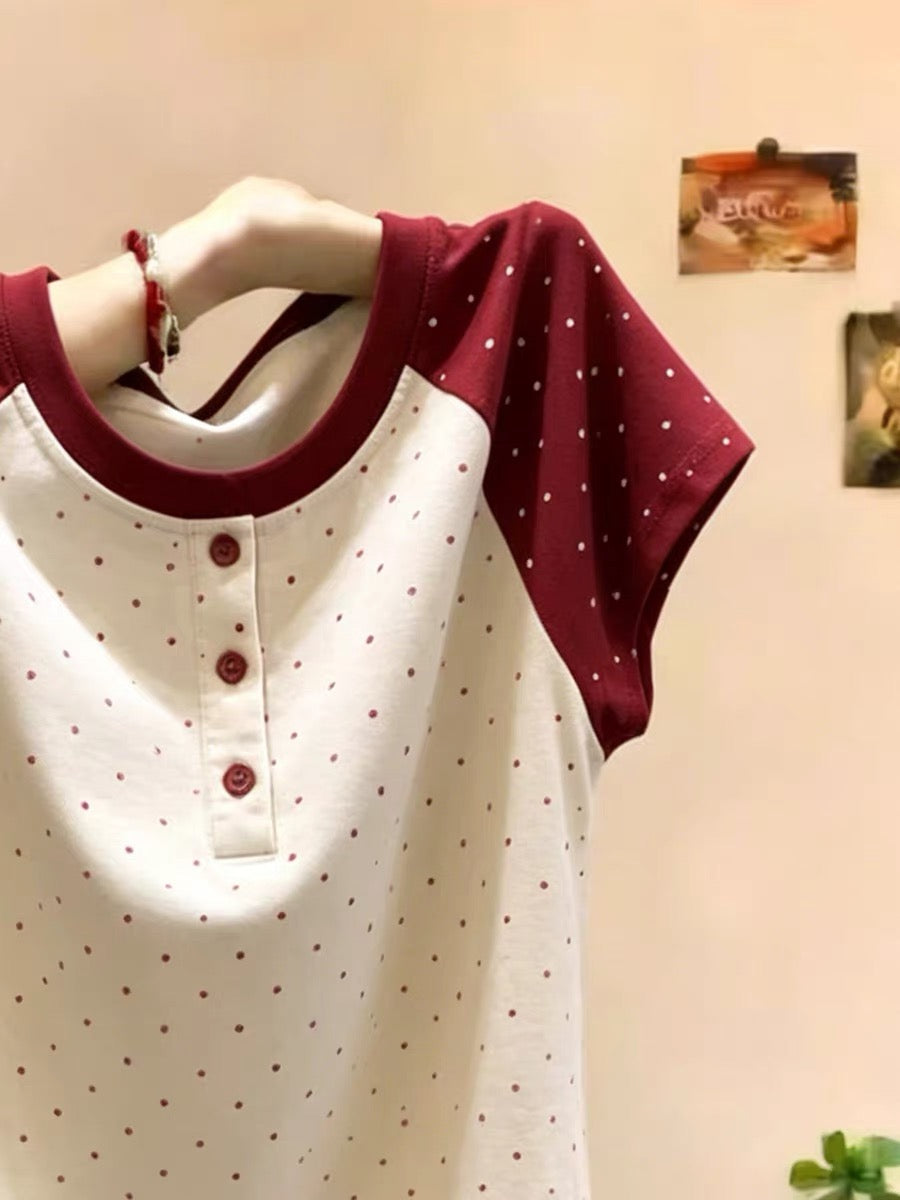Shenzhen Nanyou Brand Women's Clothing ~ Fashionable Polka Dot Color Block Versatile Short-Sleeve T-Shirt 2026 Summer New Style Top