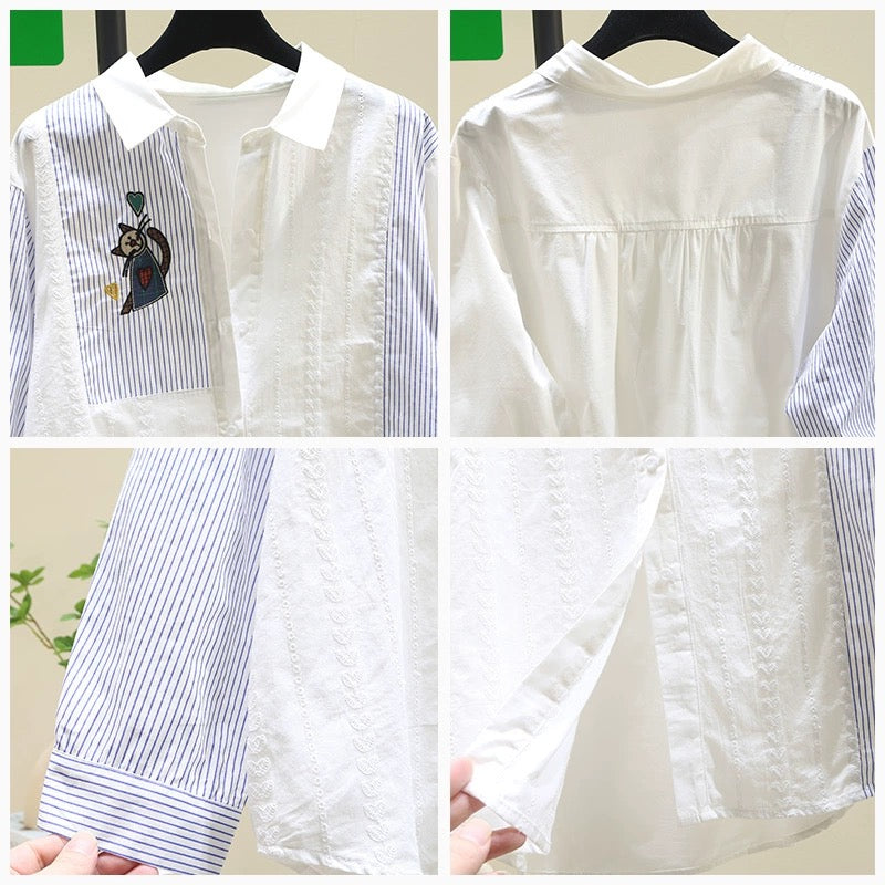Design blue striped white shirt for women 2024 spring and autumn new style literary loose age-reducing shirt tops