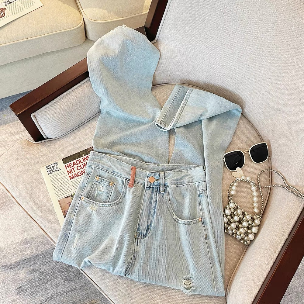 Korean style design pocket embroidered jeans for women summer 2023 new retro style loose slimming ripped trousers