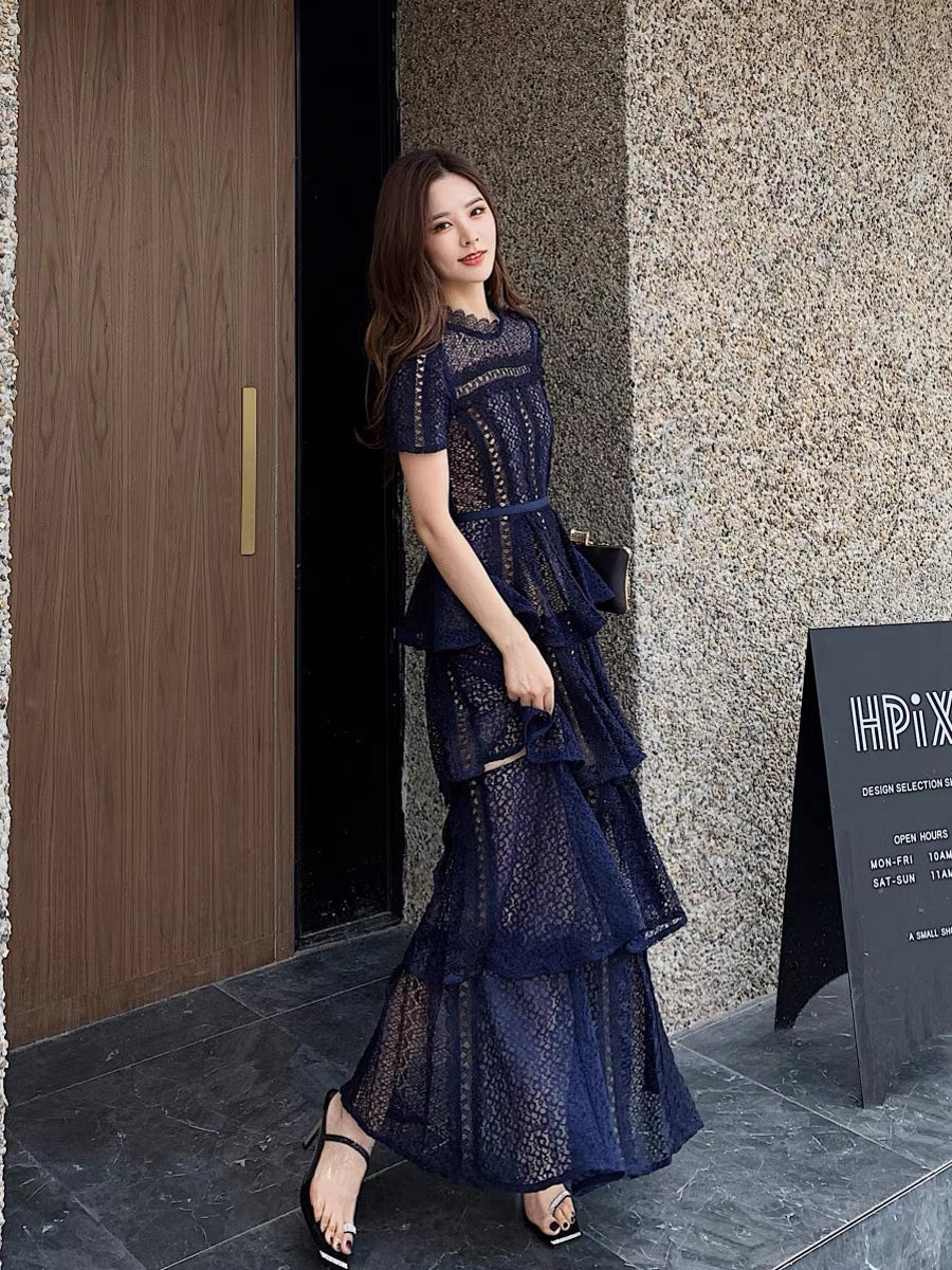 Cake long skirt for women 2023 new summer dress British style exquisite lace navy blue short-sleeved dress evening dress (D164)