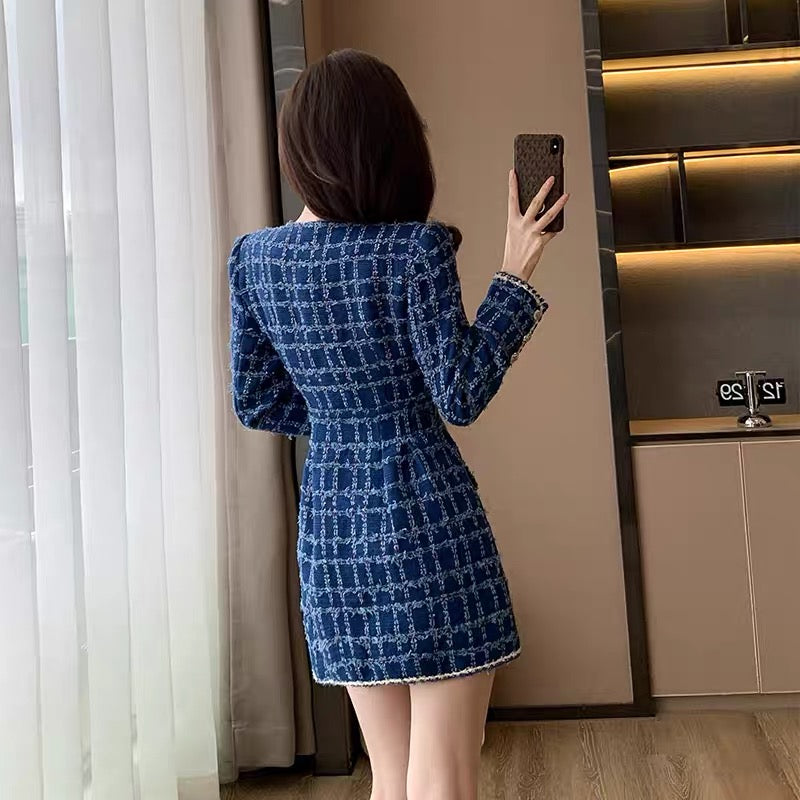 2023 new autumn and winter women's clothing small fragrant style high-end dress for small women slimming blue woolen skirt