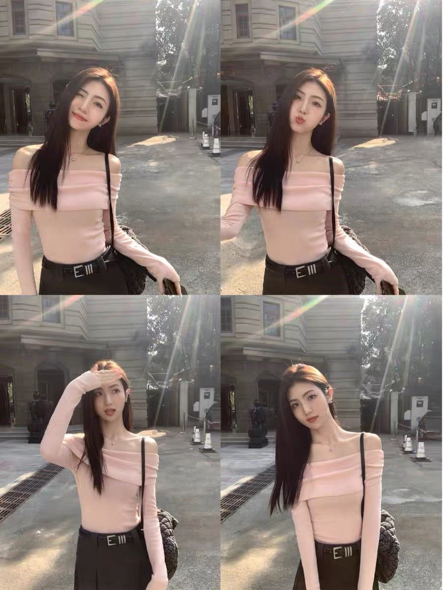 MULVAN high-end one-shoulder sweater for women 2023 new autumn and winter outer wear slim-fitting off-shoulder collarbone top
