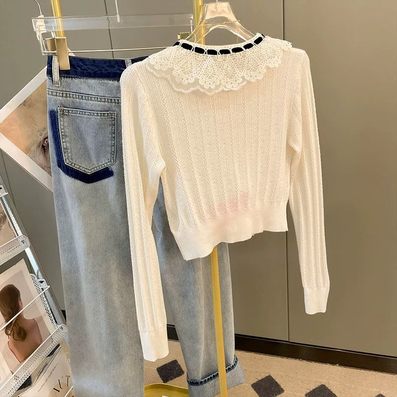 French long-sleeved sweater cardigan coat for women autumn new college style bow lace doll collar knitted top T9891