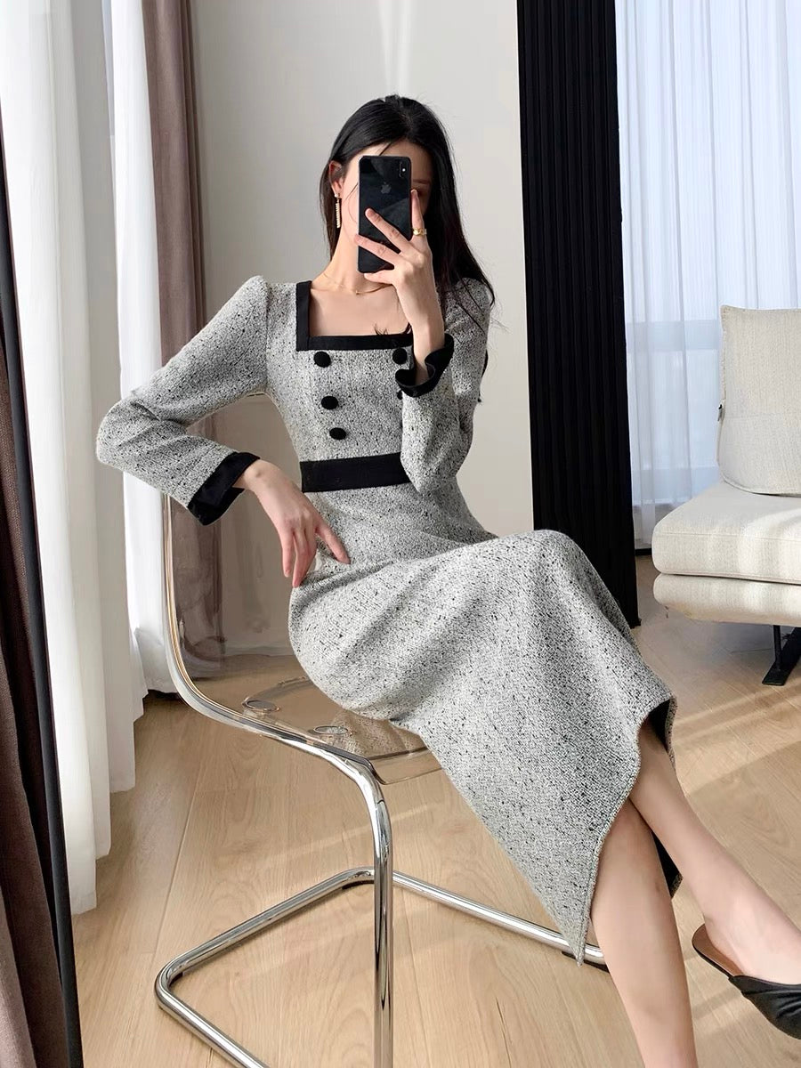 FT GUOGE small fragrant dress for women 2023 autumn new long-sleeved French retro slim square neck long skirt