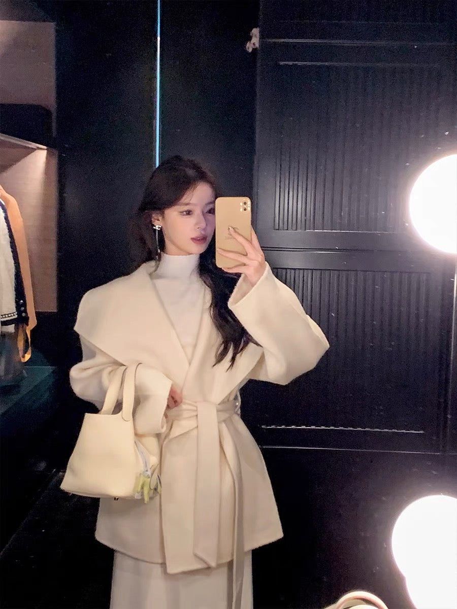 ByYou slim fit rabbit velvet white half turtleneck sweater suit women's long slim hip-hugging skirt two-piece set