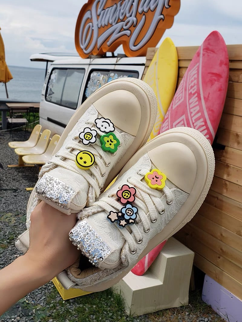 Genuine leather top version! Zhao Lusi's same style foreshaddw tweed muffin thick-soled canvas small white sneakers for women (S0123)