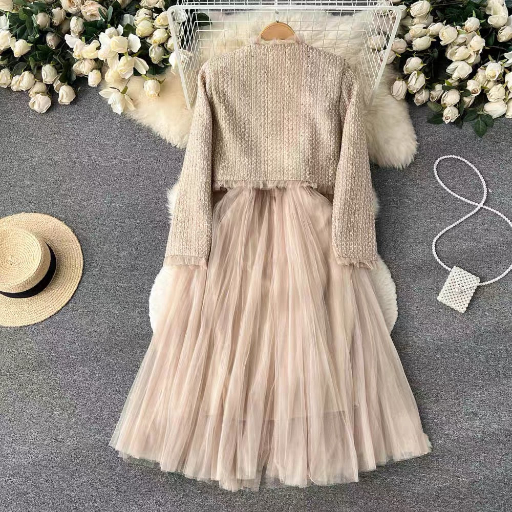 Autumn and winter Xiaoxiangfeng celebrity high-end suit women's short cardigan jacket + suspender mesh dress two-piece set (S0997)