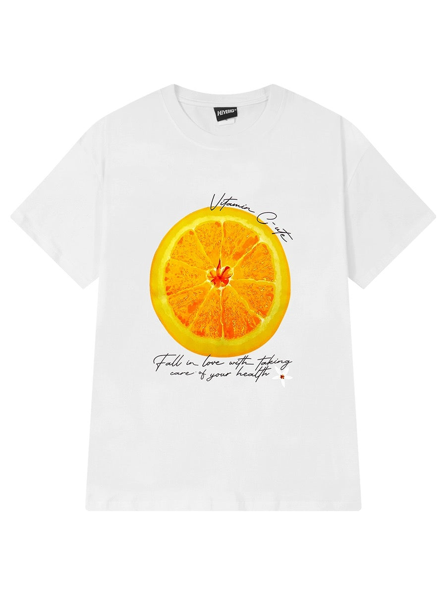 2024 summer new orange print cotton short-sleeved T-shirt men and women trendy casual loose round neck top half sleeve