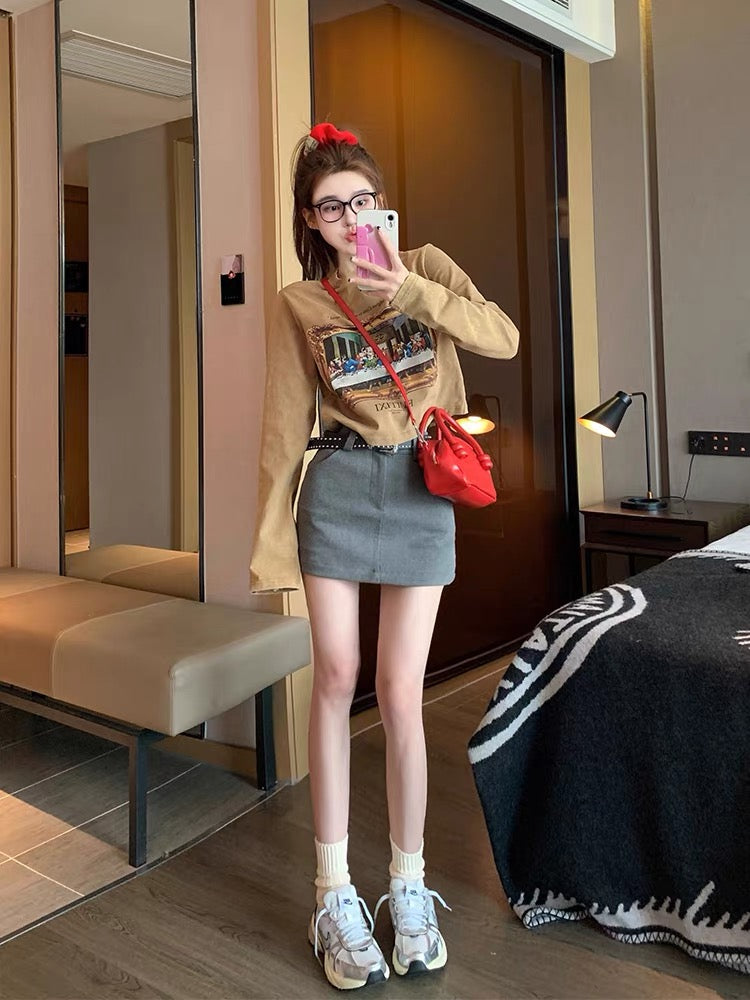 Maillard wears right shoulder long-sleeved T-shirt for women 2023 new early autumn American retro short bottoming shirt top ins (B6917)