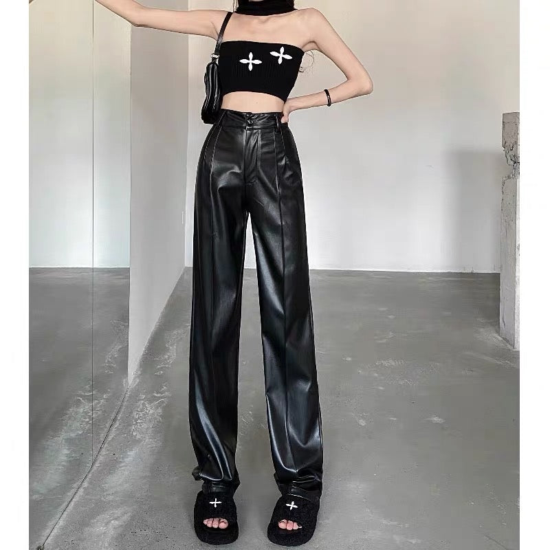 Summer high waist thin straight loose casual leather pants women's dra Lee Nhi Boutique Summer high waist thin straight loose casual leather pants women's dra Lee Nhi Boutique