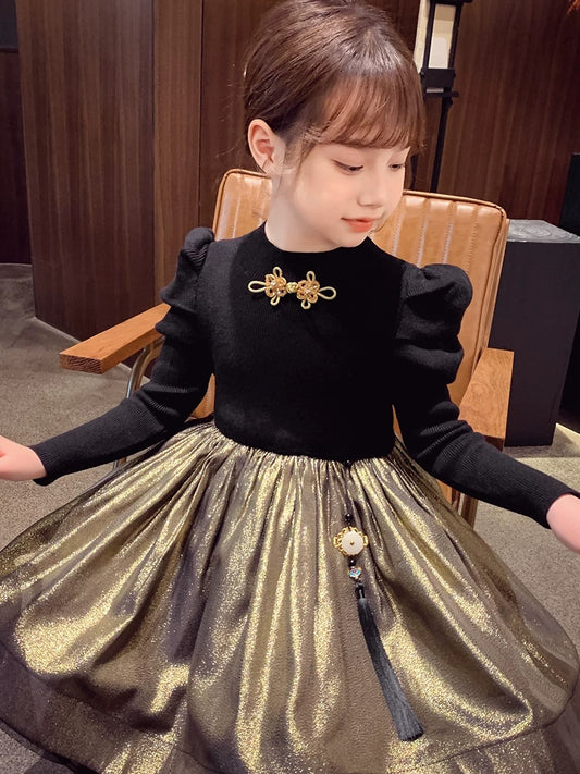 Girls Dress Winter Wear 2023 New Style Children's Plush Princess Dress Little Girl Chinese Style Dress Skirt