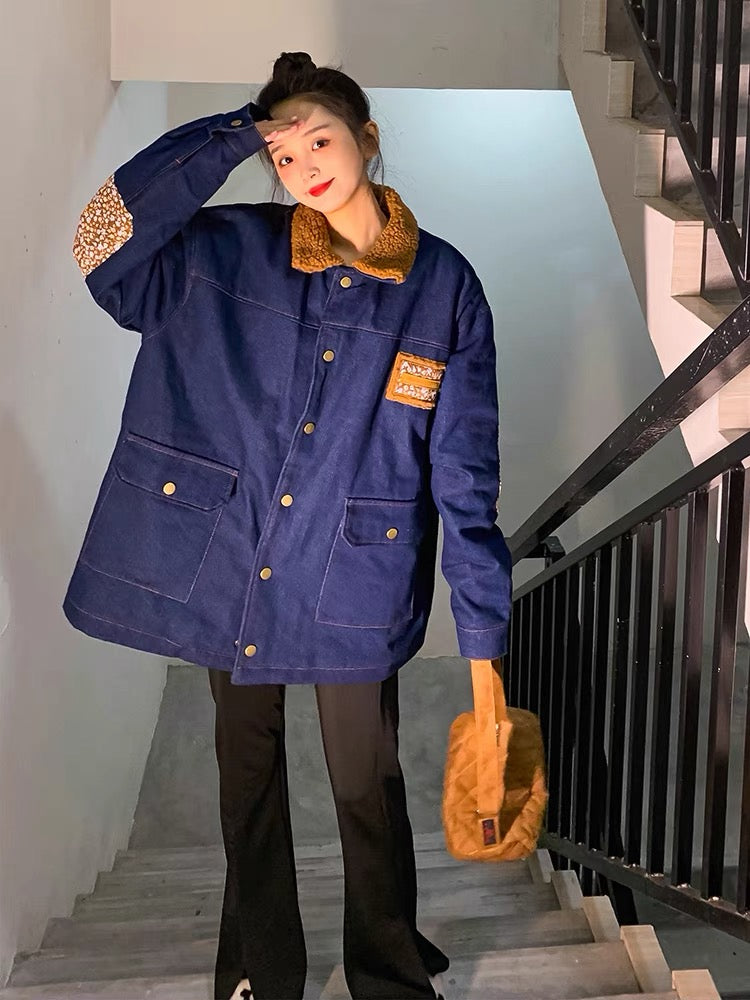 High-end ifashion American lamb wool denim jacket for women with velvet and thickened winter oversize cotton jacket A3340