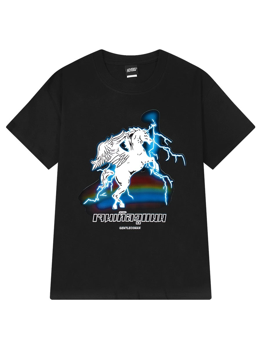 Heavy cotton trendy short-sleeved T-shirt for men and women summer 2024 new lightning unicorn print loose short-sleeved T-shirt