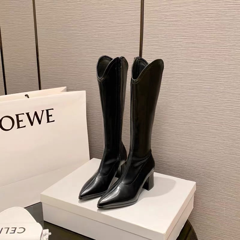 Boots women's 2023 autumn and winter new pointed toe temperament v-mouth thick heel high boots lady but knee fashion boots