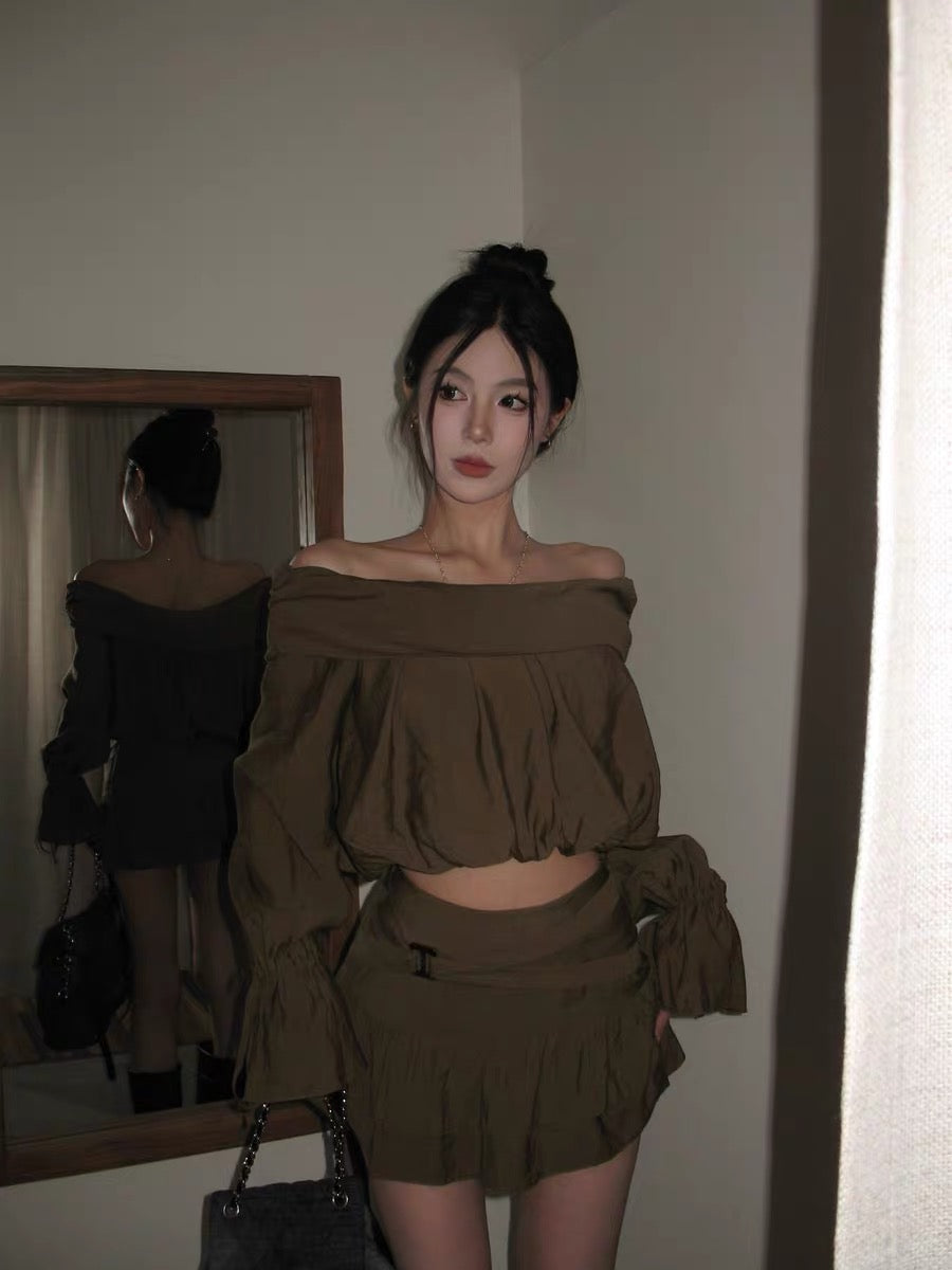 Retro sweet girl suit one-shoulder long-sleeved loose top for women autumn ruffled a-line skirt two-piece set