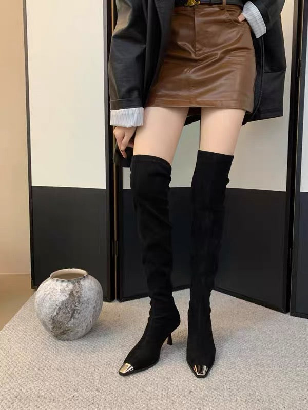 Pointed high heels piled long knight boots for women 2023 retro slim boots slim metal toe over-the-knee boots hot girl boots