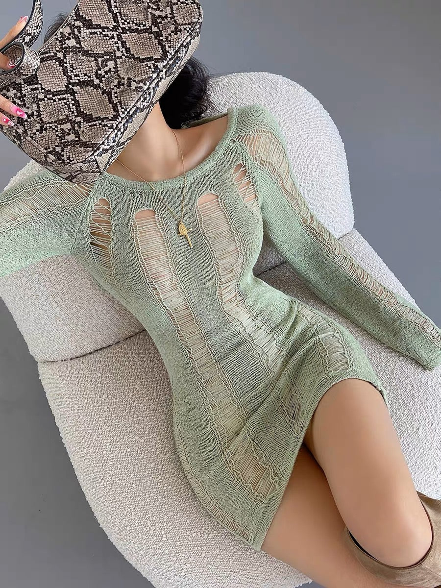 liviahome European and American sexy backless slightly see-through knitted dress women's hole slimming dress short skirt autumn (D199)