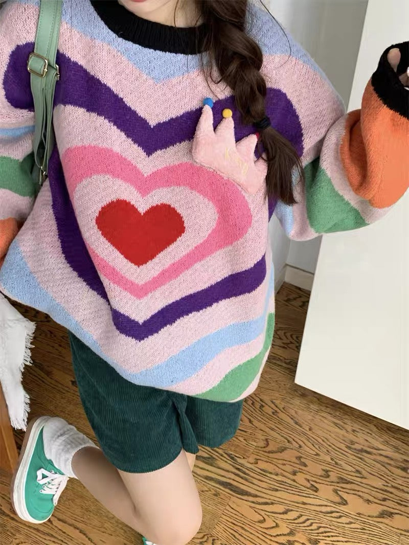 Korean sweet color matching love round neck knitted thick sweater for women autumn and winter 2023 new loose mid-length top A2244