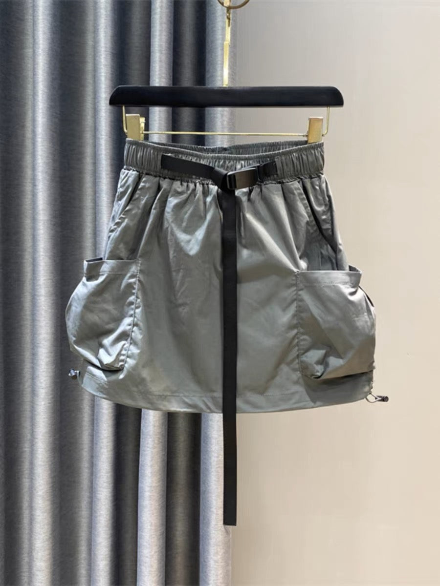Summer workwear short skirt for women 2023 thin drawstring elastic waist large pockets A-line age-reducing flower bud skirt to prevent exposure