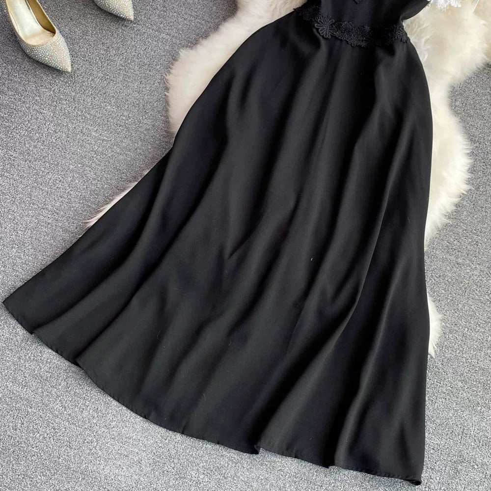 European catwalk style lapel lace patchwork waist a-line dress celebrity black dress long skirt summer