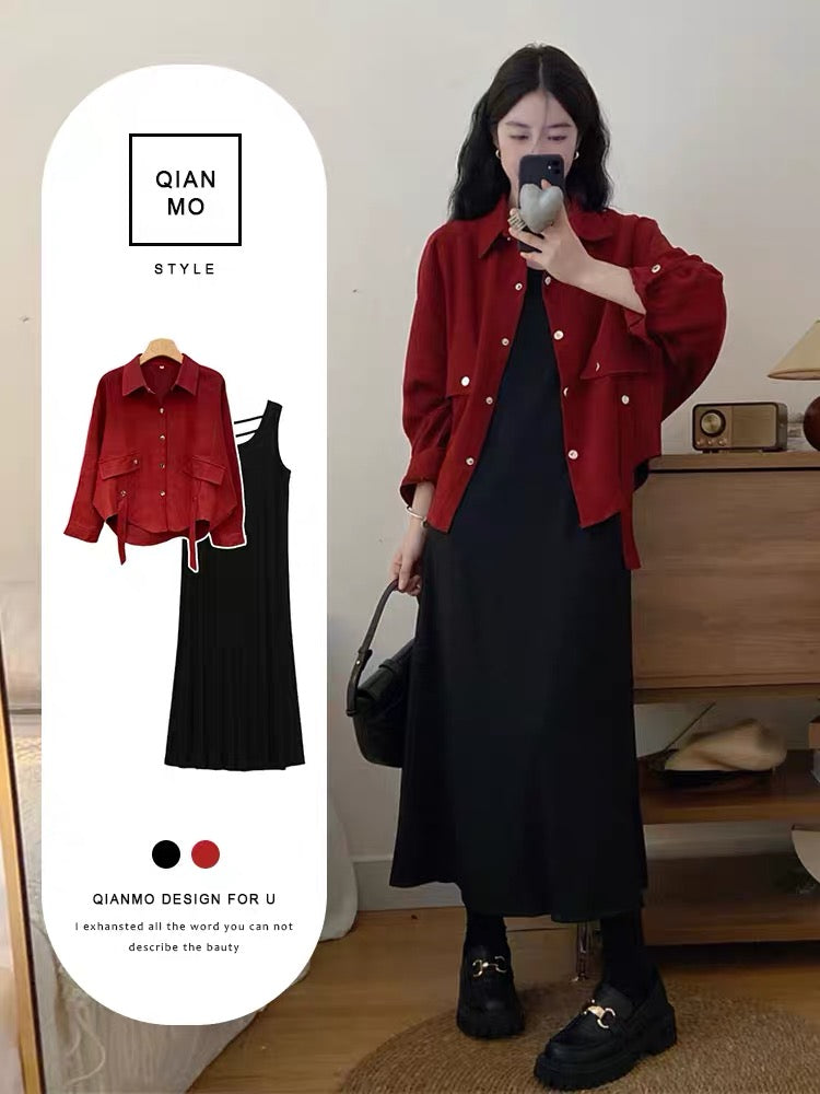Early autumn new large size dress suit women's red short coat + black vest long skirt casual two-piece set (S0972)