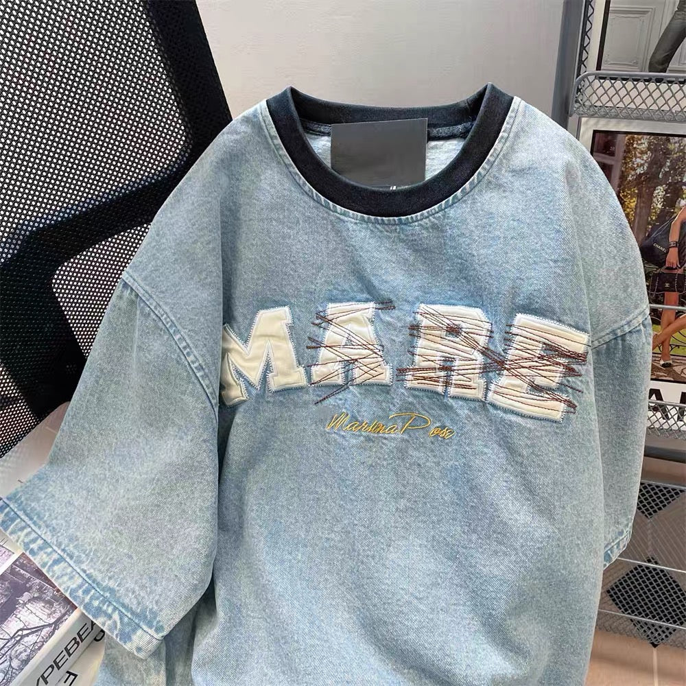 Guochao American oversize high street washed denim letter embroidery t-shirt female hiphop shoulder short-sleeved top