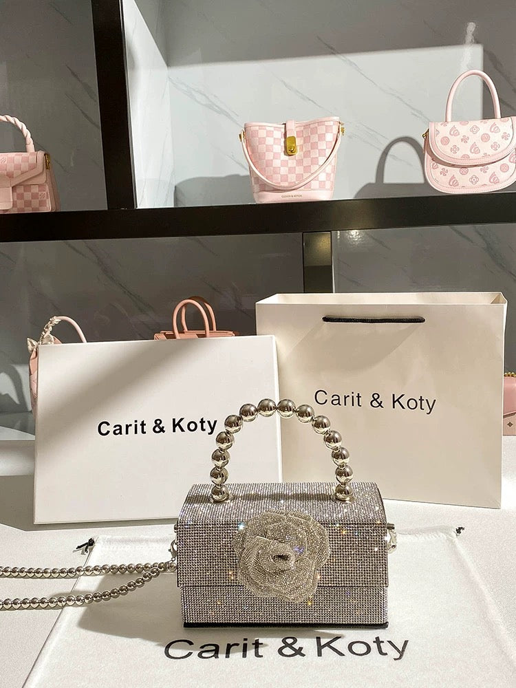 Carit Koty French rhinestone flower evening bag women's 2023 new high-end pearl chain box bag