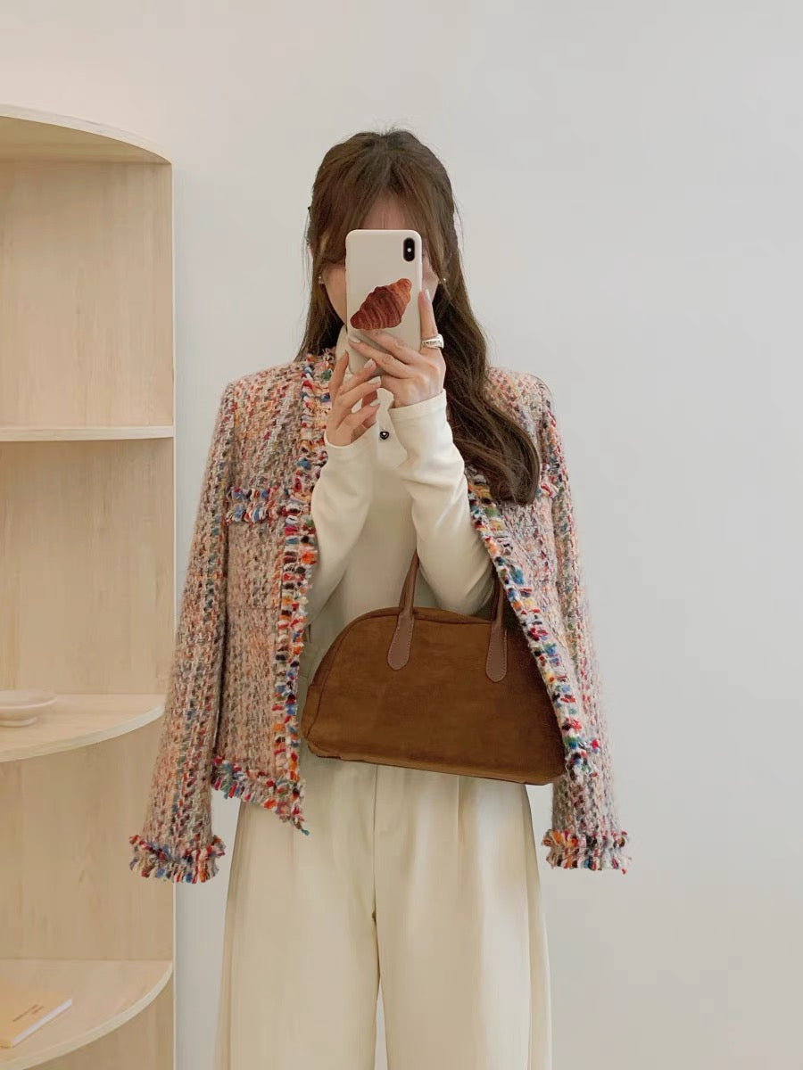 Rainbow color small fragrant style jacket for women 2023 autumn and winter new style French thickened and velvet small high-end heavy woolen