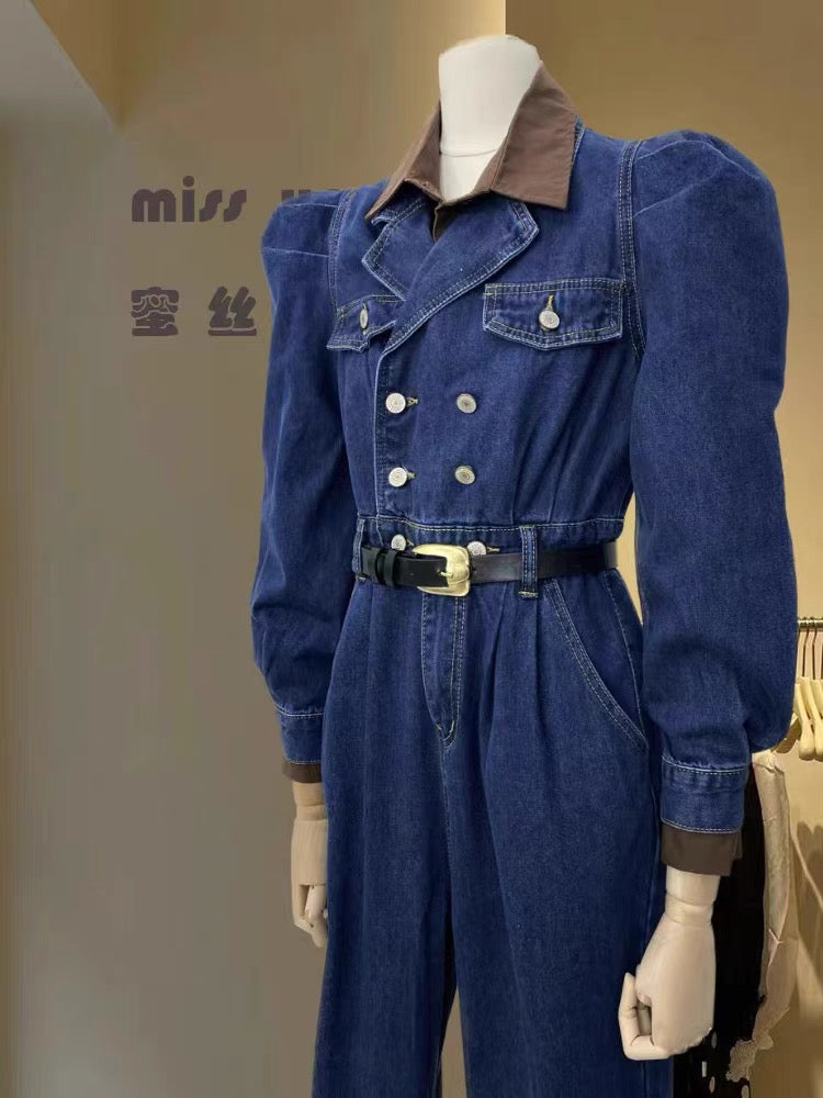 Miser Sheep 2023 New Retro Warlord Miss Double-breasted Puff Sleeve Long Sleeve High Waist Denim Jumpsuit (S0930)