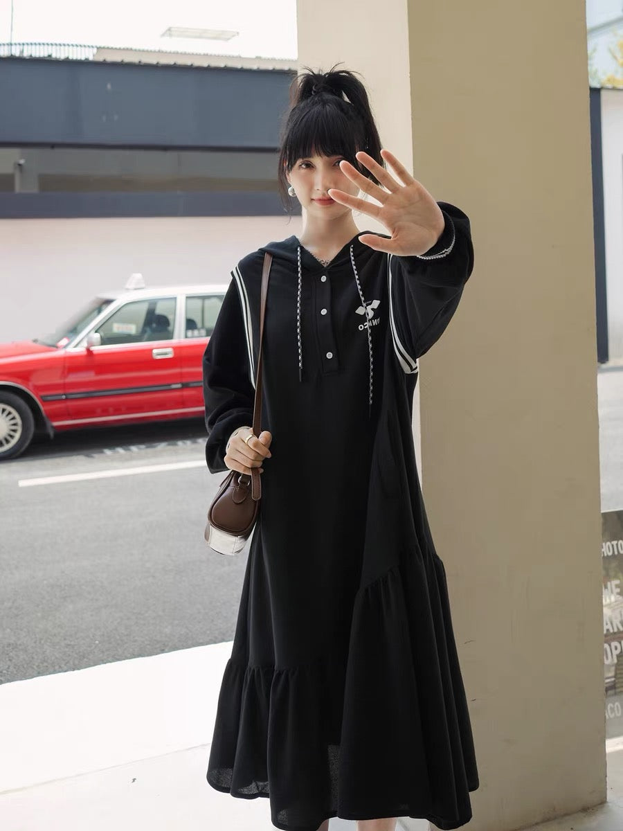 Black long sweatshirt dress for women autumn 2023 new Korean style loose casual high-end hooded long-sleeved dress