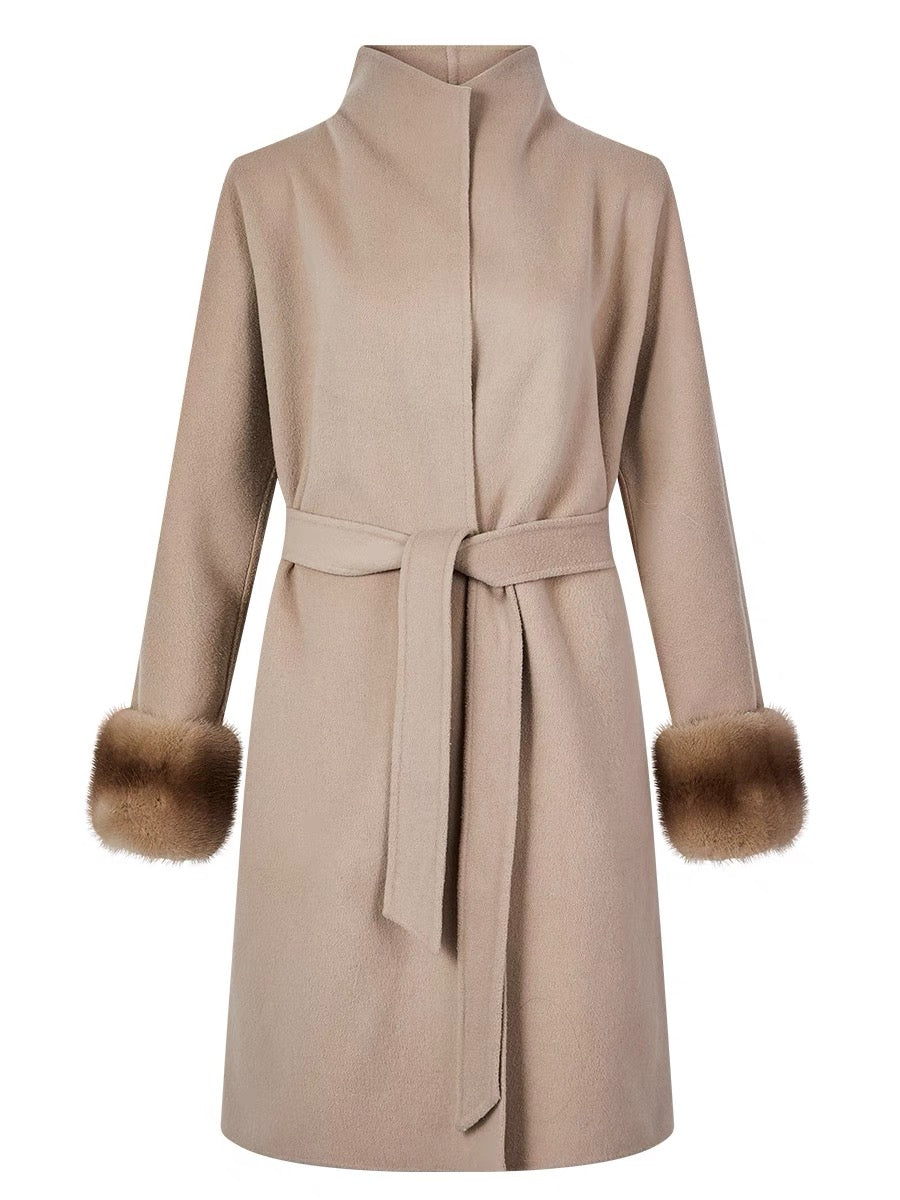 Shanxi said white milk tea gray full wool double-sided woolen splicing real mink fur cuffs mid-length coat for women (B1312)