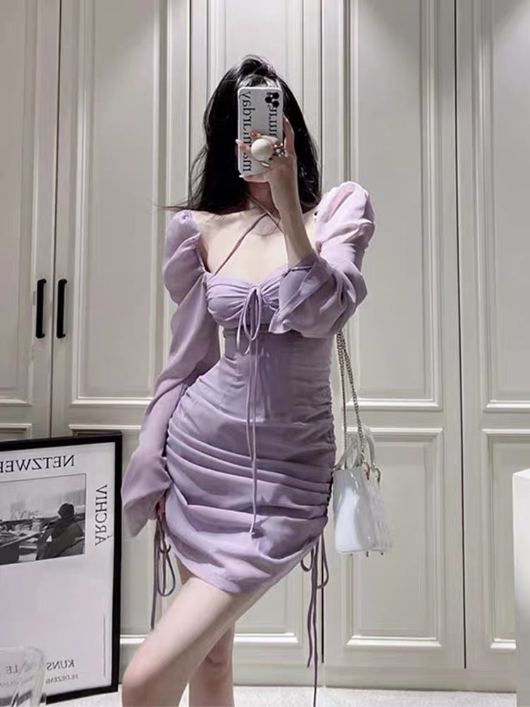 French puff sleeves hanging neck purple long-sleeved dress women's sum –  Lee Nhi Boutique