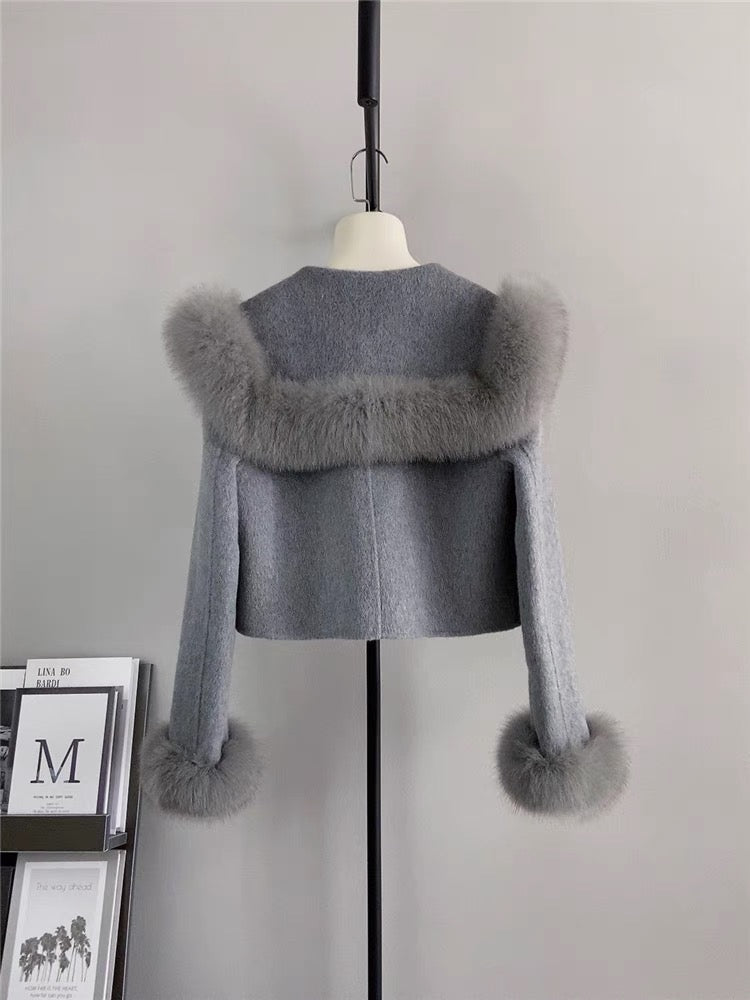 2023 new autumn and winter Xiaoguoguo imported natural fox fur coat women's double-sided woolen college short topT3462