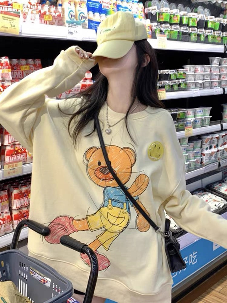 Light yellow bear print plus velvet fashionable top for women Korean style loose mid-length versatile long-sleeved round neck sweatshirt