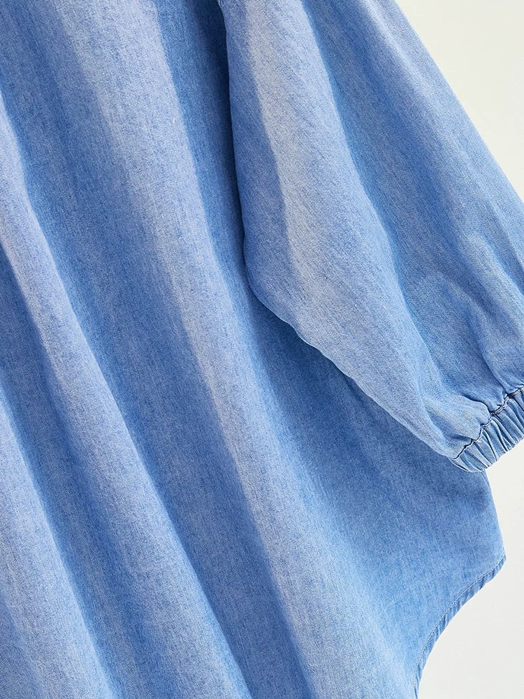 Tencel cotton round neck denim shirt literary style lazy style three-quarter sleeve loose denim shirt solid color top trend