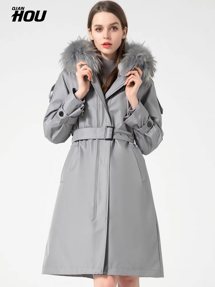 Parker Women's 2023 New Winter Rex Rabbit Fur Integrated Liner Medium Long Style Popular Young Fur Jacket Coat