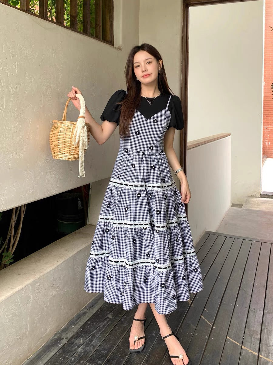 DALU 2023 summer fake two-piece lace stitching design short-sleeved heavy industry dress a-line long skirt