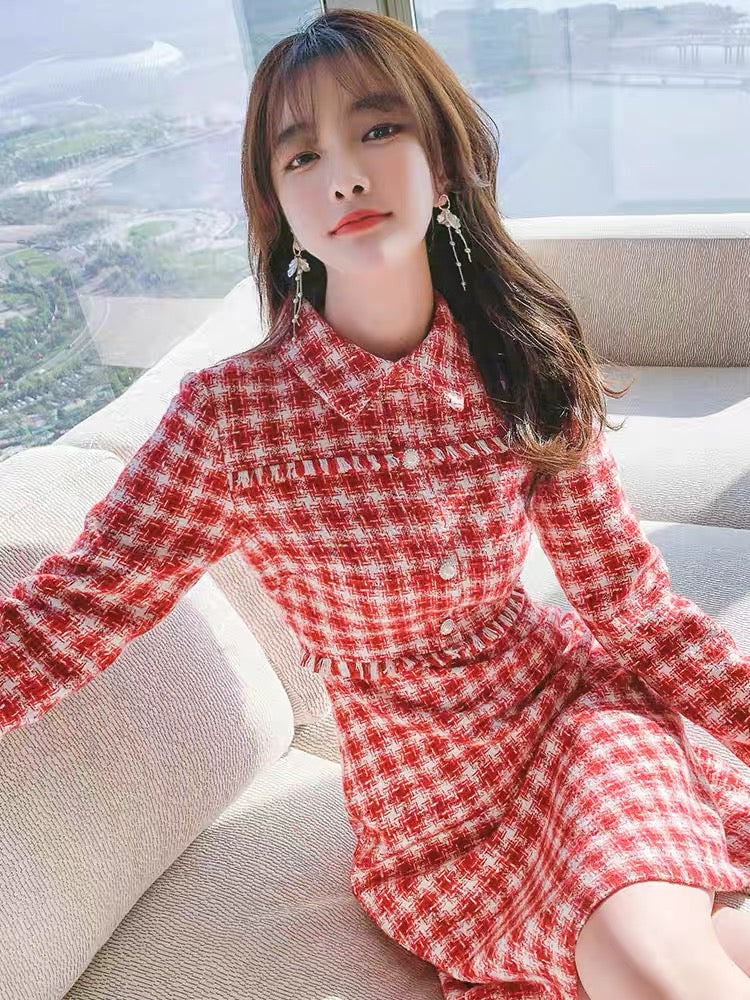 Xiaoxiangfeng dress for women in autumn and winter 2021 new temperament women's waist slimming thickened tweed skirt for women