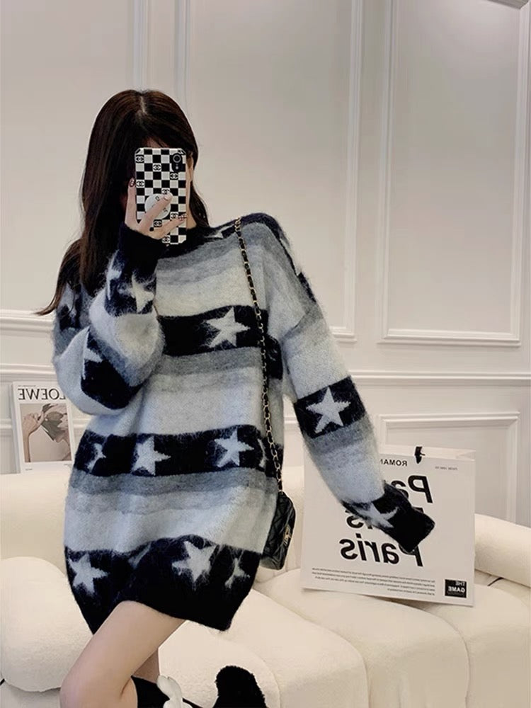French mid-length mohair small fragrance style warm and thickened sweater for women personalized star striped sweater top trendy T3455