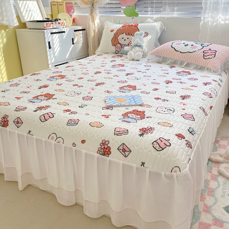 Summer printed bed skirt latex ice silk mat three-piece set princess style bed sheet air conditioning mattress mat machine washable