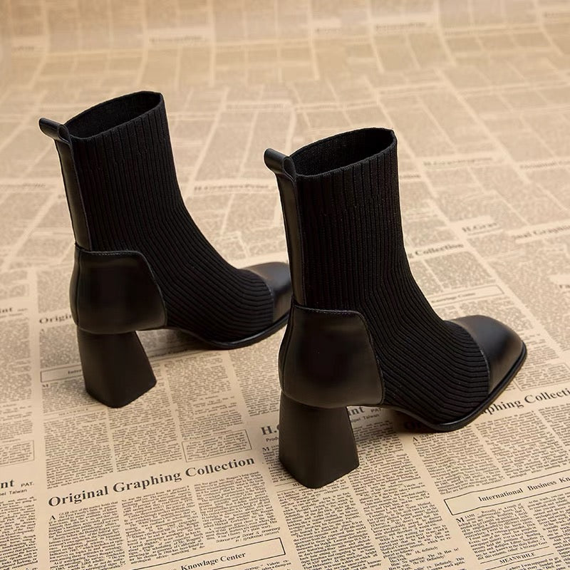 High-heeled short boots for women 2023 autumn and winter new square toe women's boots medium thick heel thin sock boots versatile Martin boots