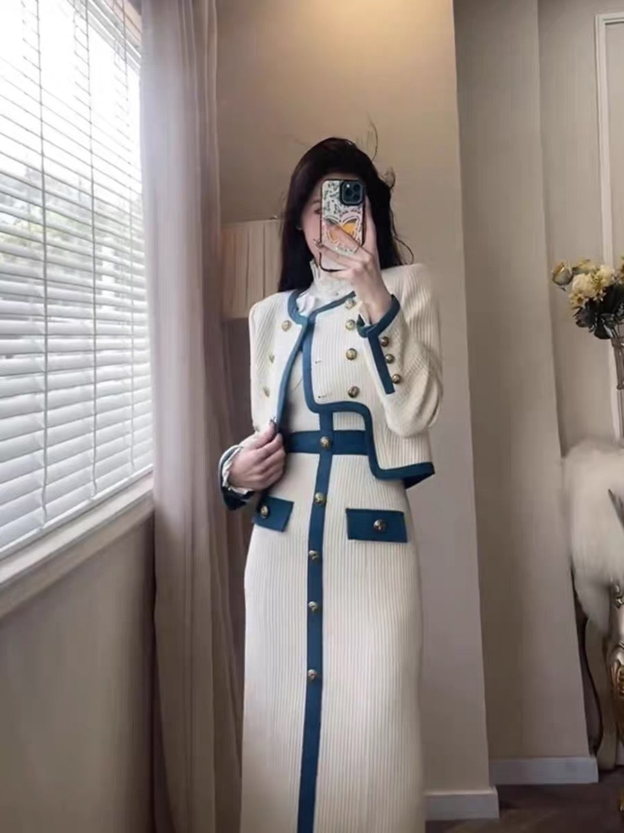 High-end small fragrance style fashionable contrasting color metal buckle short jacket suspender long skirt suit spring and autumn new two-piece set