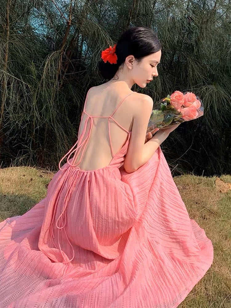French pink high-end sexy backless suspender dress female summer fairy –  Lee Nhi Boutique