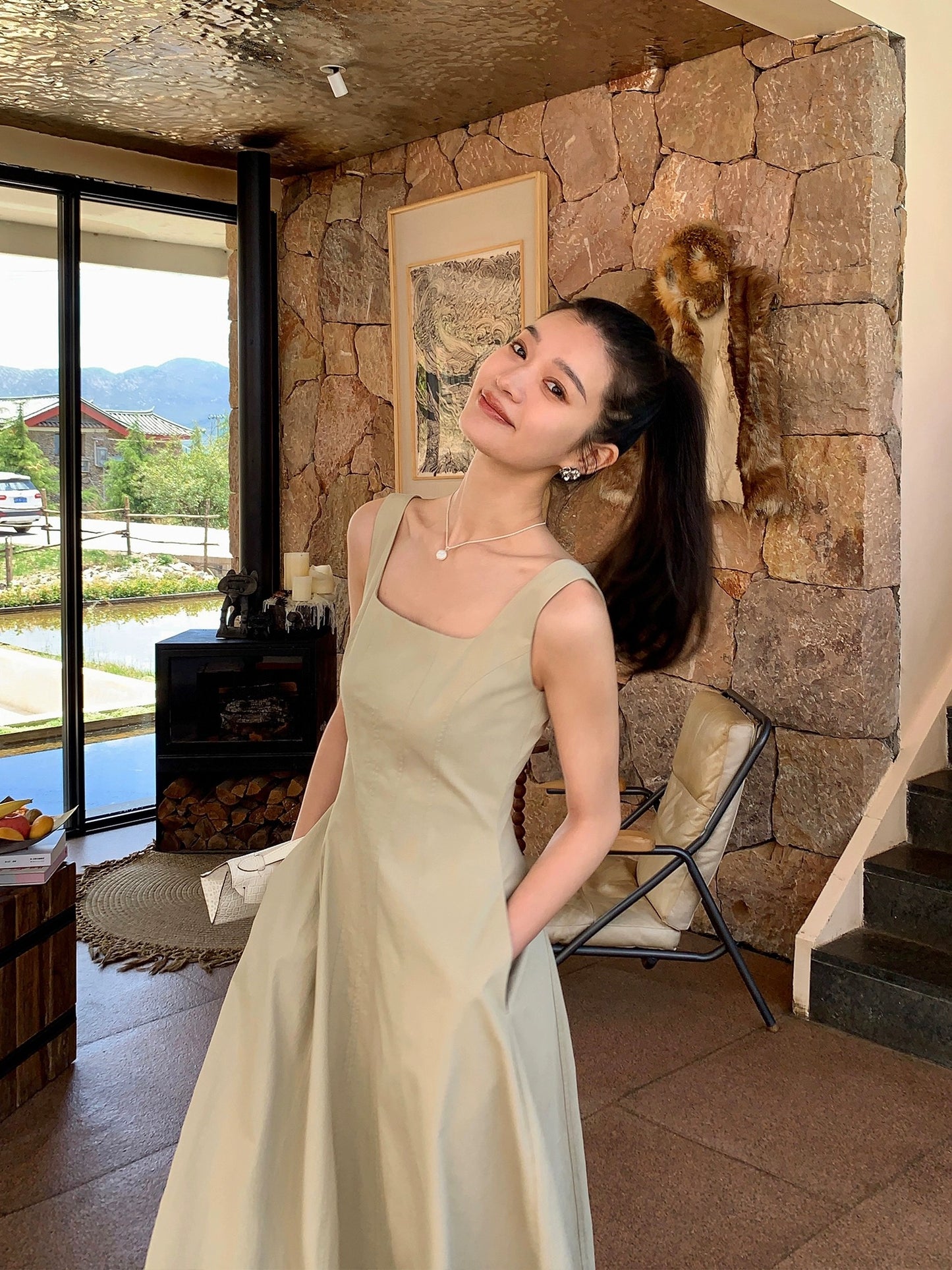 pusumede Hepburn style large U-neck suspender dress female summer new gentle temperament sleeveless waist long dress