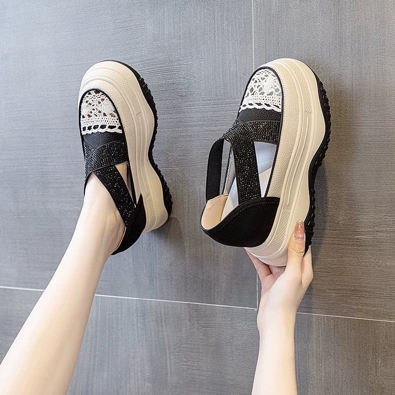 Thick-soled inner height-increasing women's shoes 2024 new hot summer muffin Mary Jane shoes hollow one-step fisherman white shoes