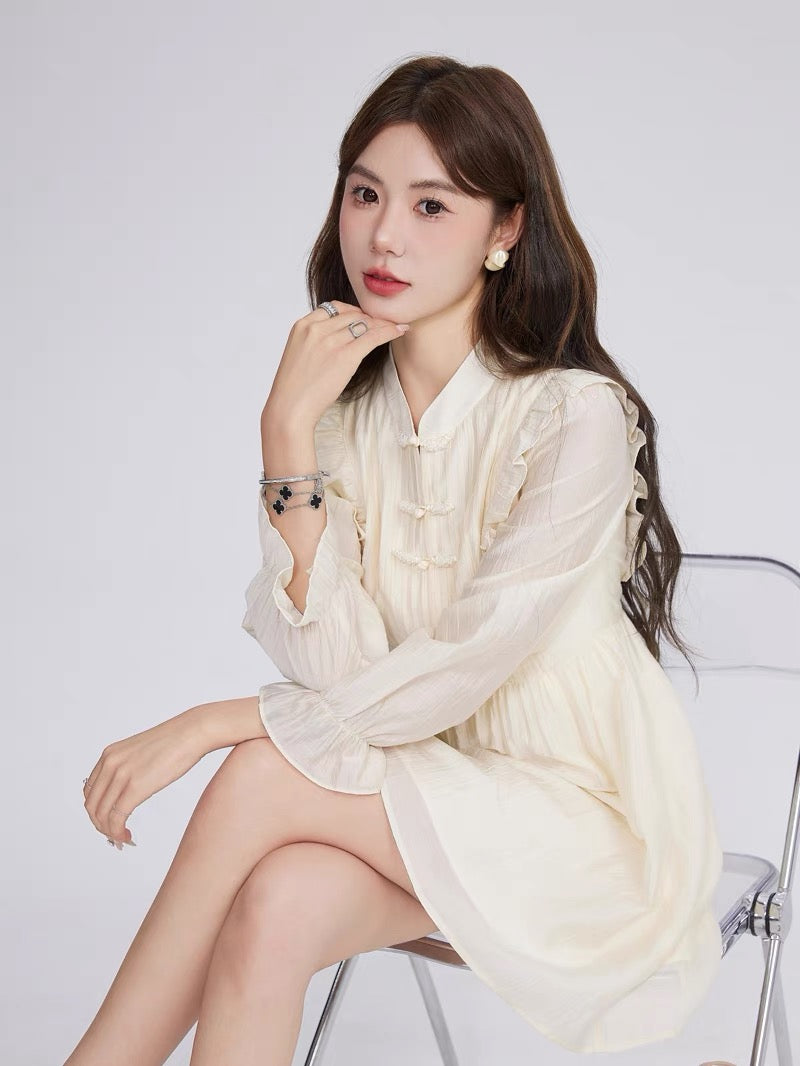 Volstagg French New Chinese Dress Feminine and High-end Ruffled Plate Button Waist Beige Skirt