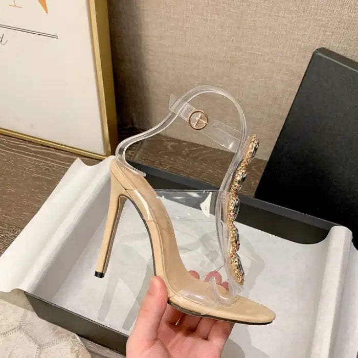 European and American fashion high-heeled shoes 2023 summer sexy transparent rhinestone stiletto crystal gem fairy style sandals female plus size