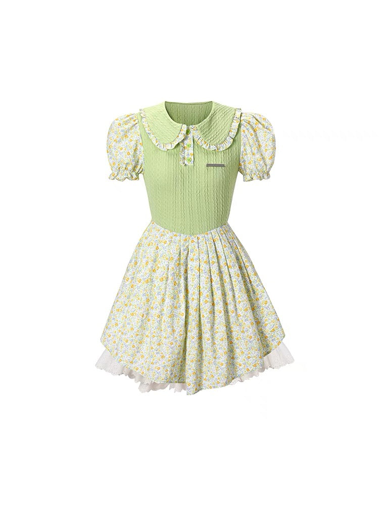 underpass original design green milky sweet doll collar splicing floral knitted slim-fitting puffy dress for women