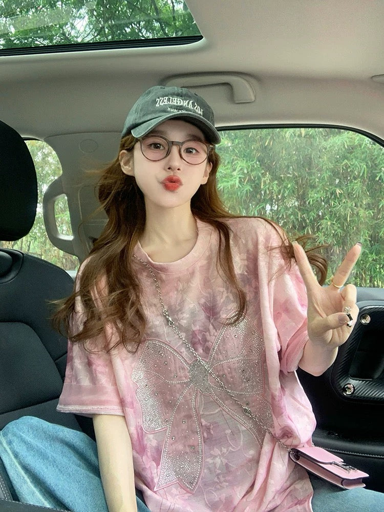 Pink jacquard ice silk short-sleeved T-shirt for women 2025 new summer tie-dye design hot diamond sweet age-reducing large version