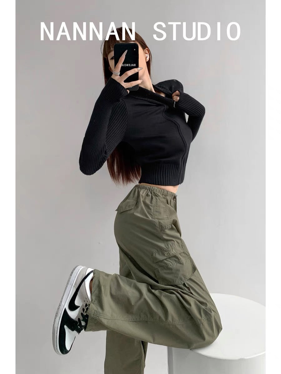 American hottie drawstring low-waist overalls for women in autumn loose pockets and leg-tie paratrooper pants quick-drying sports wide-leg pants (S0825)